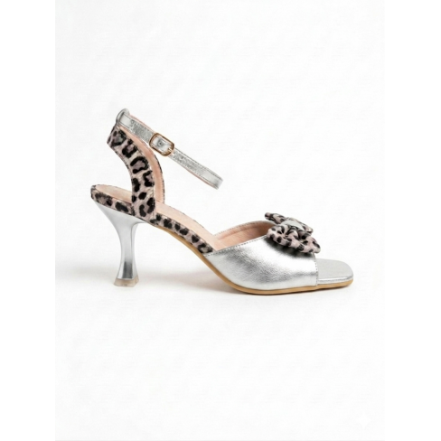 Sandale cu toc ALGA argintiu animal print