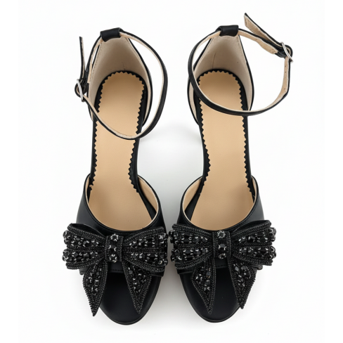 Sandale cu toc ARGO negru cu funda neagra